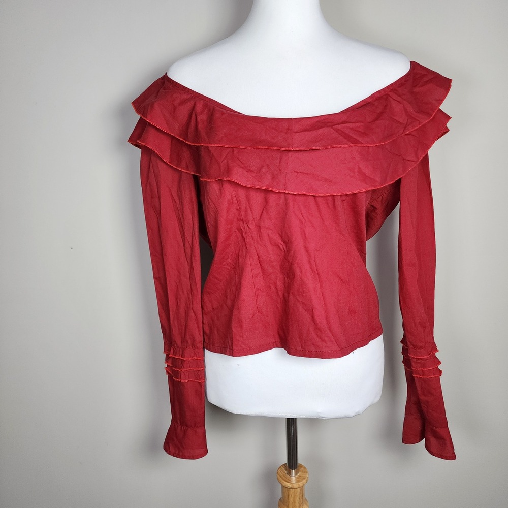 Subtitled Ruffle Blouse Womens M Red Off Shoulder Open Back‎ Romantic Bardot Top
